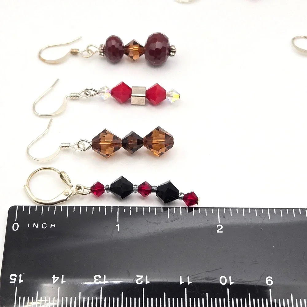 4 Pair Handmade Crystal Bead Dangle Earrings Red Black Brown‎ Silver Tone Hooks
